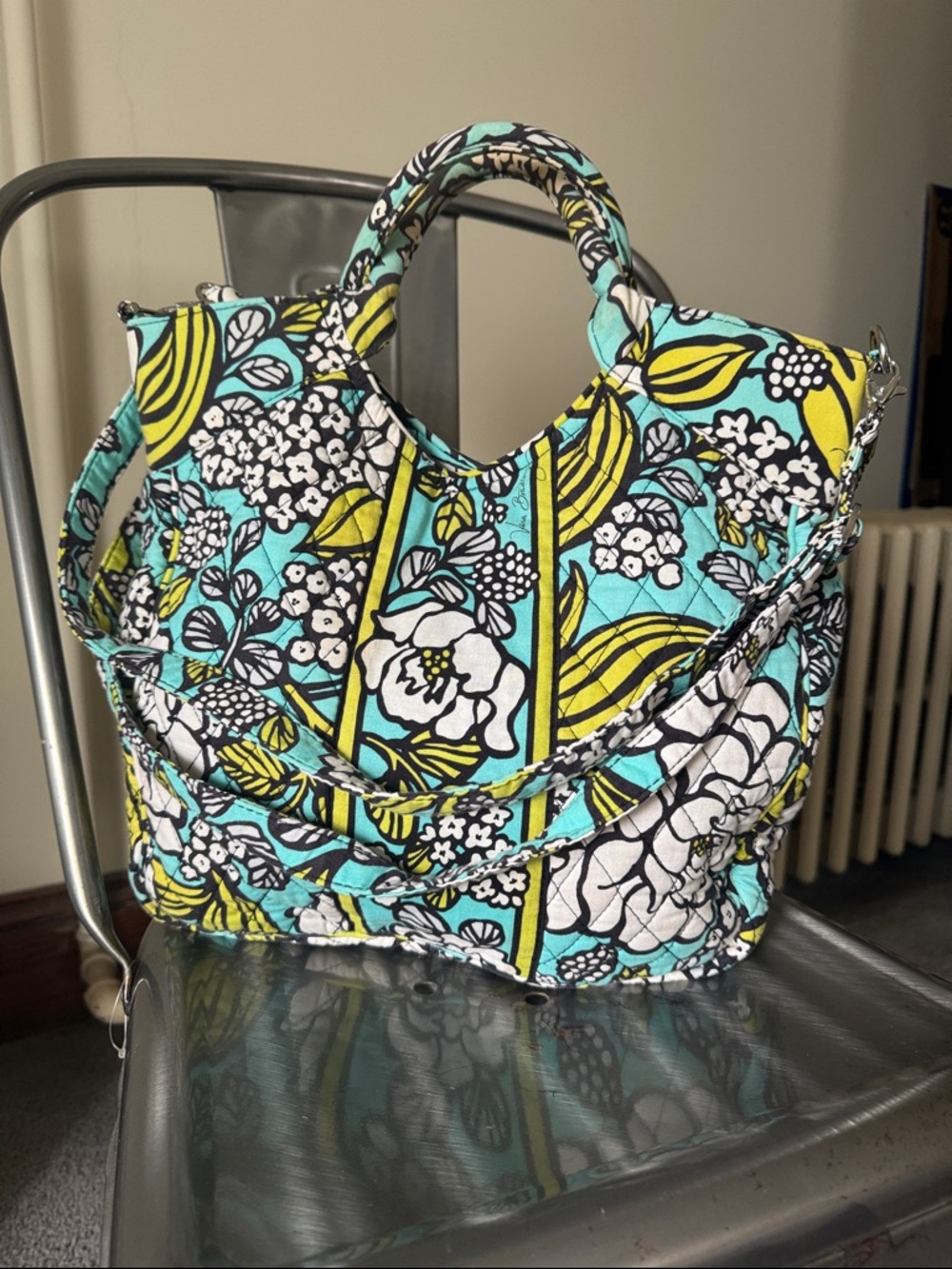 Vera Bradley Quilted Floral Tote in Aqua, Yellow & White